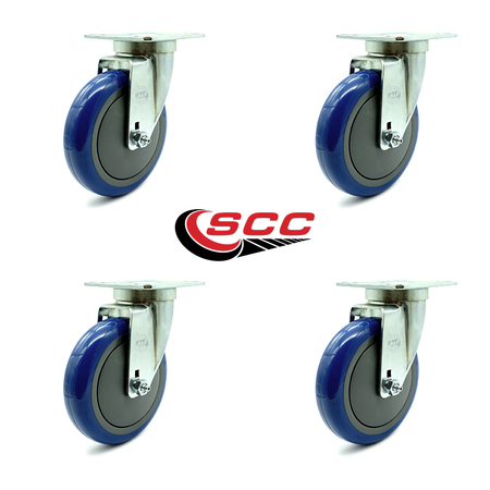 SERVICE CASTER Universal Kitchen Casters - 5" Blue Poly Wheel - 4 Swivel SCC-20S514-PPUB-BLUE-TPU1-4